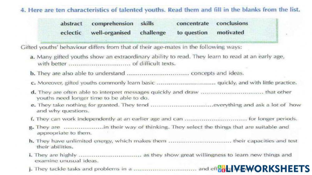 Vocabulary practice: gifts of youth