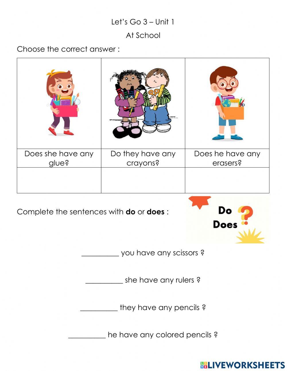 Do or does + school supplies