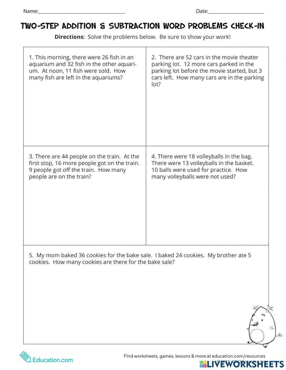 Two step addition subtraction word problems