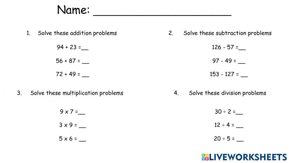 Addition - Subtraction - Multiplication - Division Worksheet