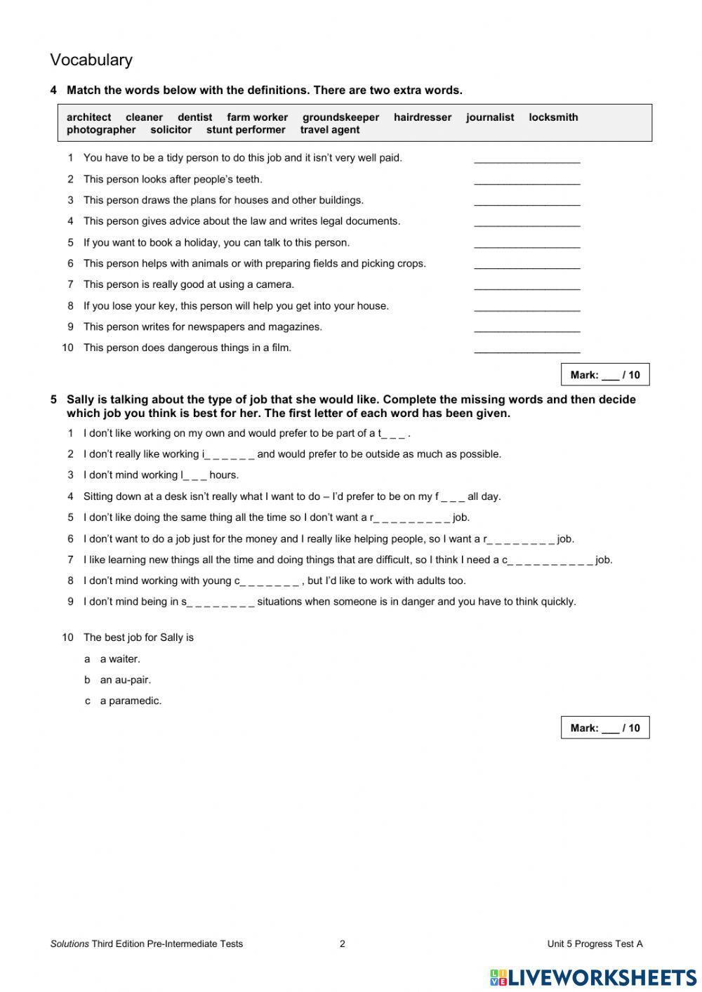 Unit 5 Progress Test A - pre inter