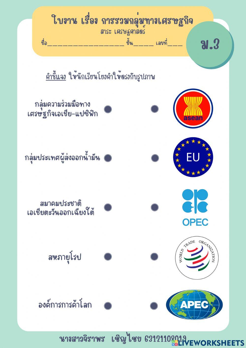 ใบงาน เรื่อง การรวมกลุ่มทางเศรษฐกิจ