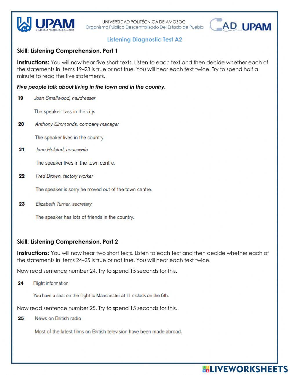 Listening Diagnostic Test A2