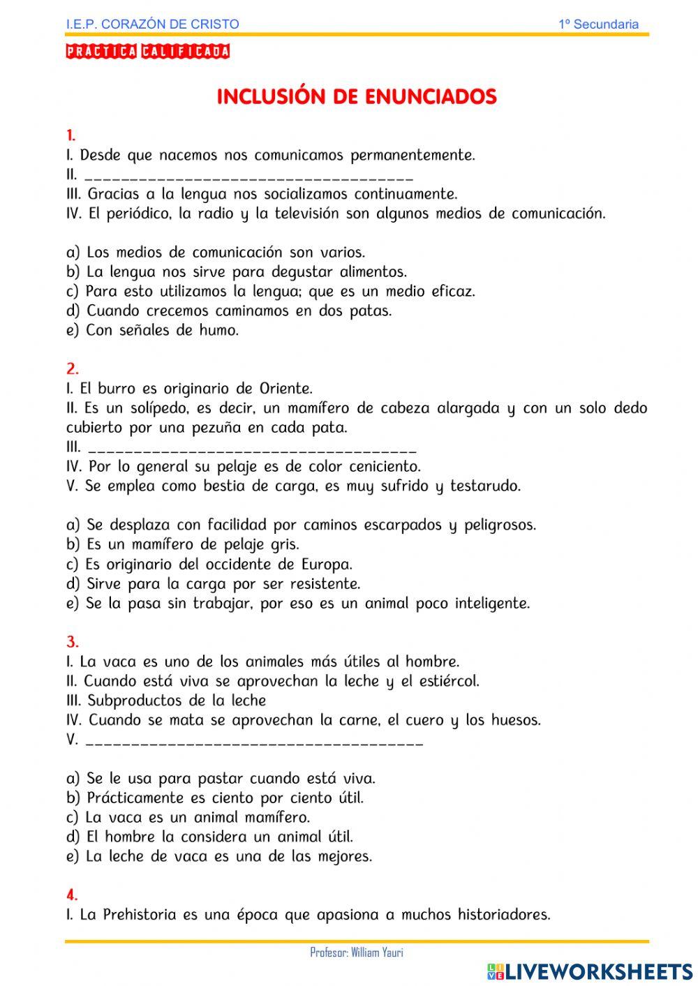 INCLUSION ENUNCIADSO worksheet | Live Worksheets