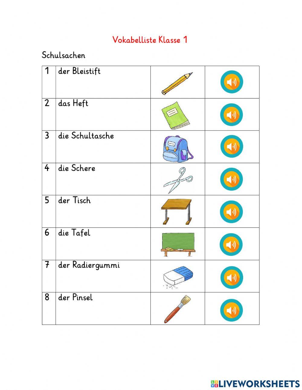 Vokabelliste Klasse 1-  1