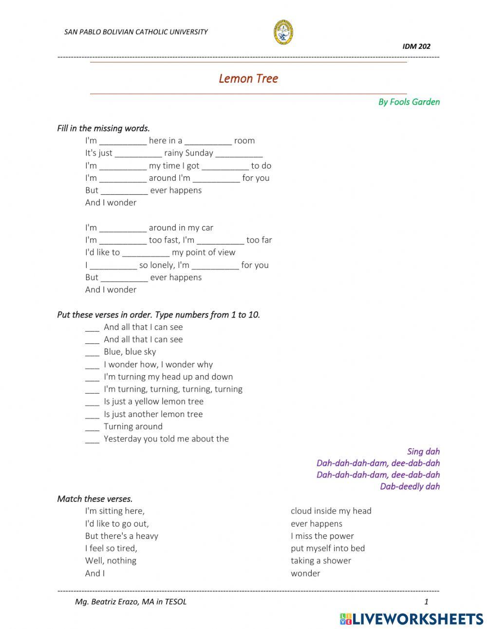 Song - Lemon Tree by Fools Garden