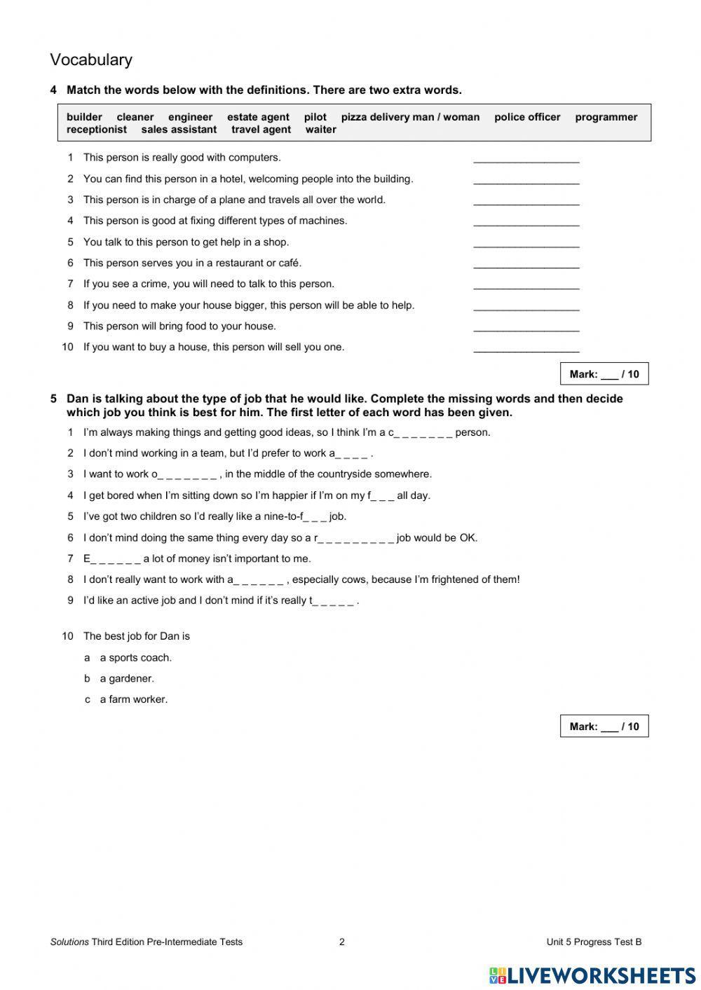 Unit 5 Progress Test B - pre inter