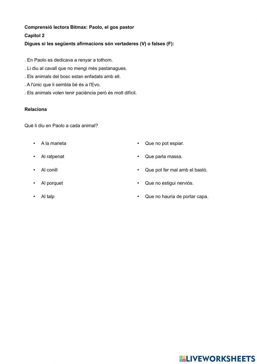Comprensió lectora Bitmax: Paolo, el gos pastor Cap.2