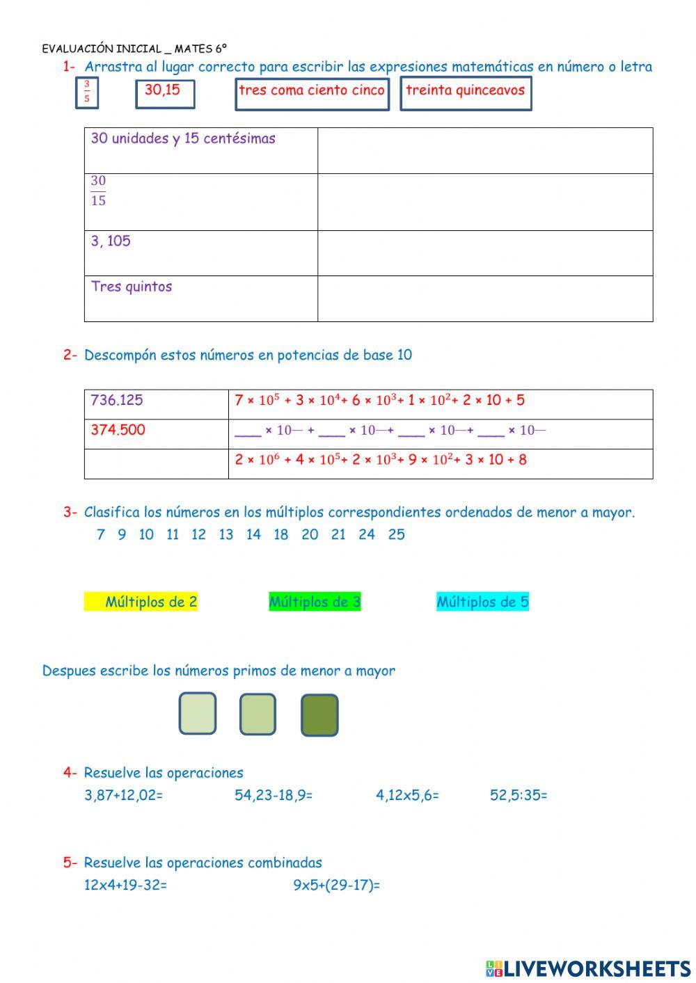 Evaluacion inicial matemáticas 6º