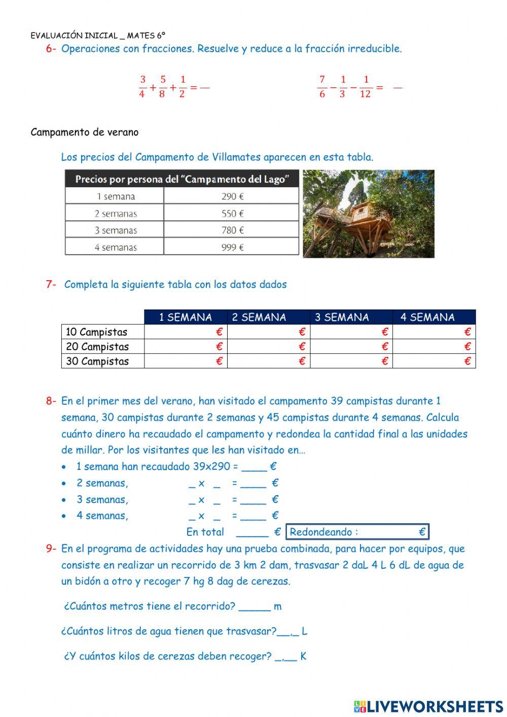 Evaluacion inicial matemáticas 6º