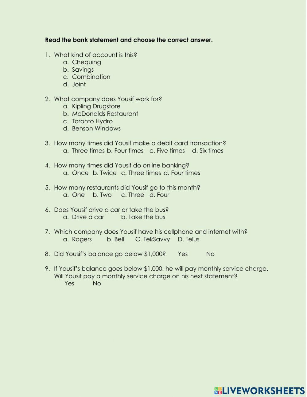 Reading CLB 3.3 Getting Things Done - Understand Monthly Bank Statement