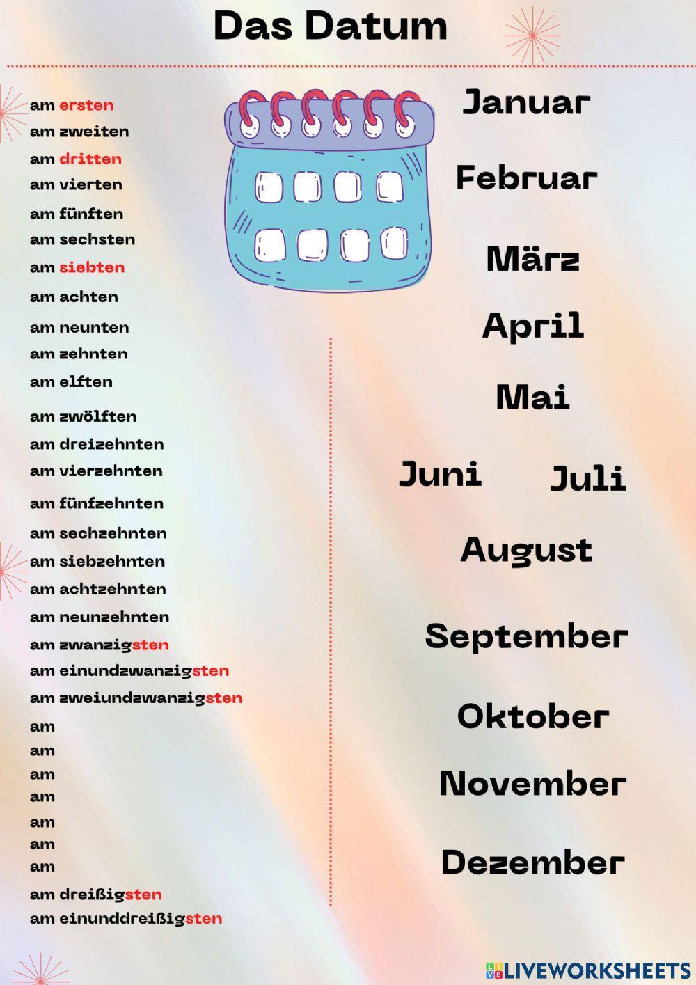 Belajar Tanggal Bahasa Jerman worksheet | Live Worksheets