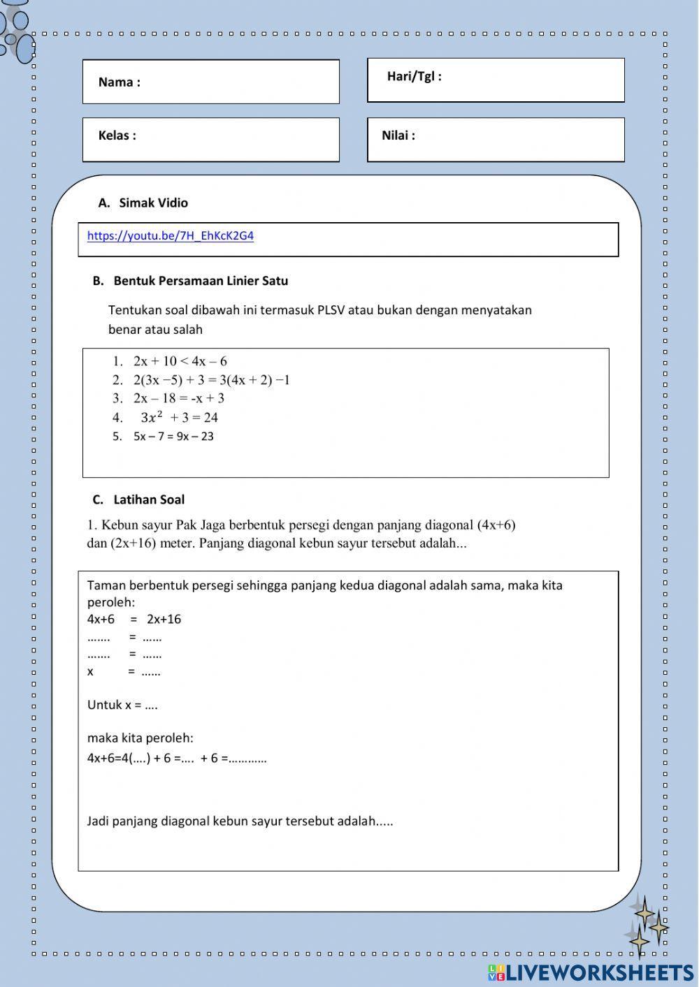LKPD Persamaan Linier Satu Variabel (PLSV)
