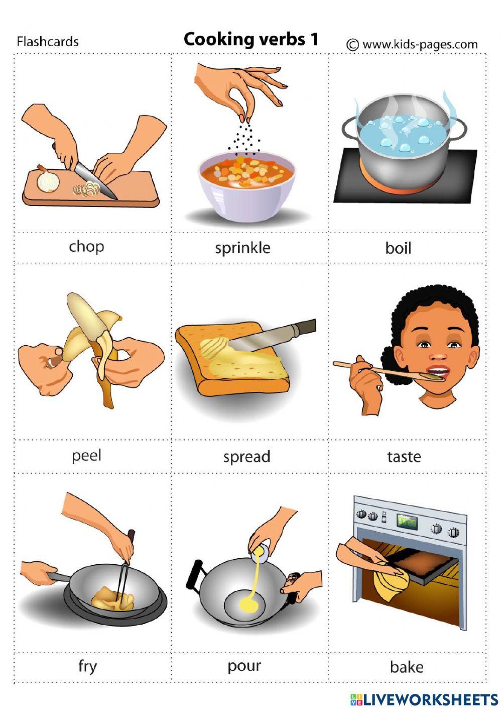 Переведи на английский готовить. Cooking verbs for Kids. Глаголы готовки на английском. Приготовление еды на английском языке. Глаголы приготовления пищи на английском.