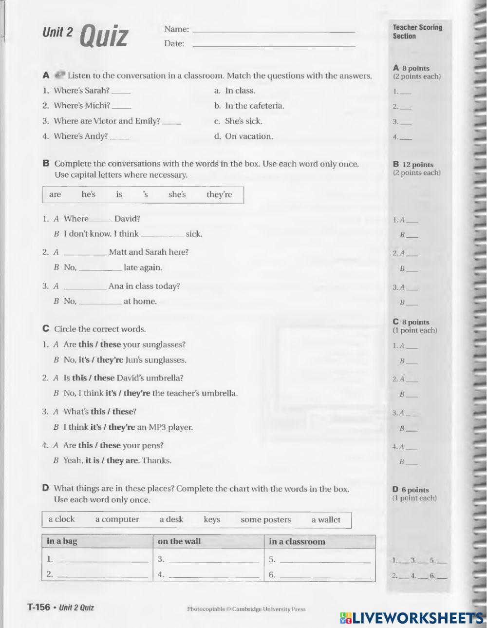 TOUCHSTONE 1 UNIT 2 QUIZ