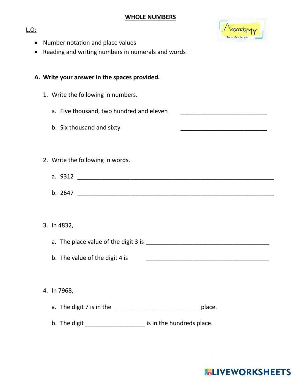 Whole Numbers Free Exercise Live Worksheets Whole Numbers Free Exercise Live Worksheets