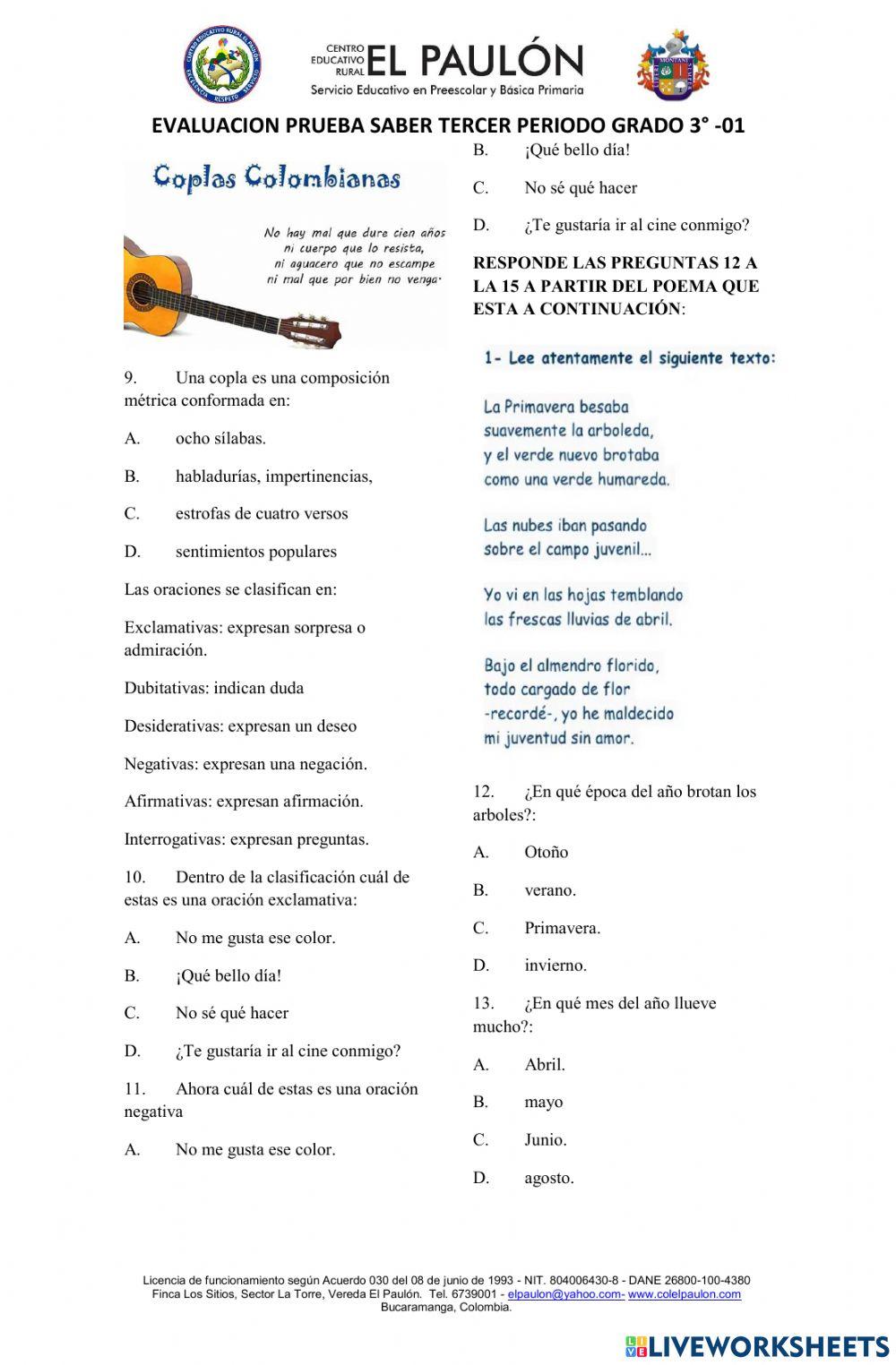 EVALUACIÓN DE ESPAÑOL GRADO 3° CEREP TERCER PERIODO