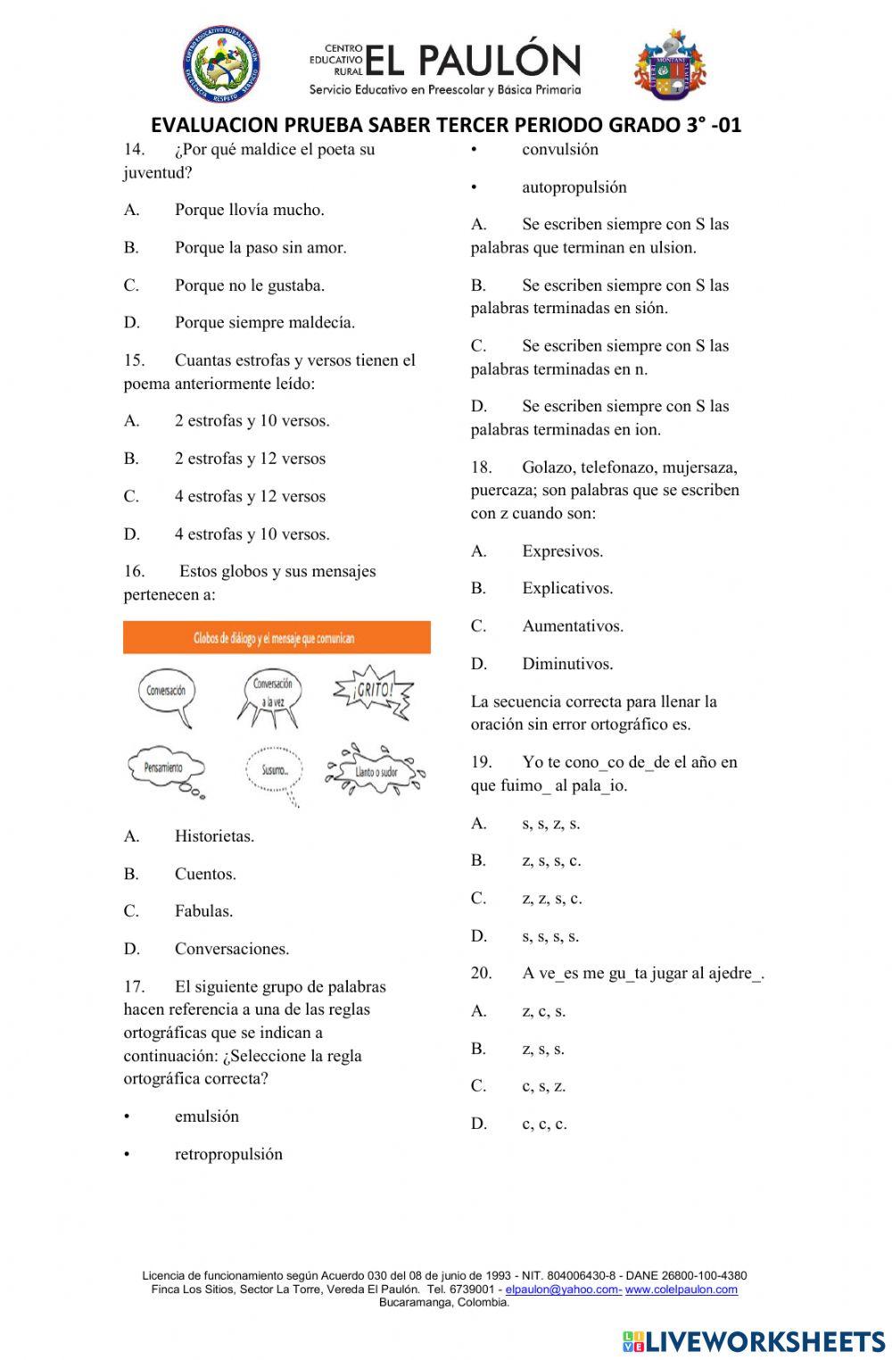 EVALUACIÓN DE ESPAÑOL GRADO 3° CEREP TERCER PERIODO