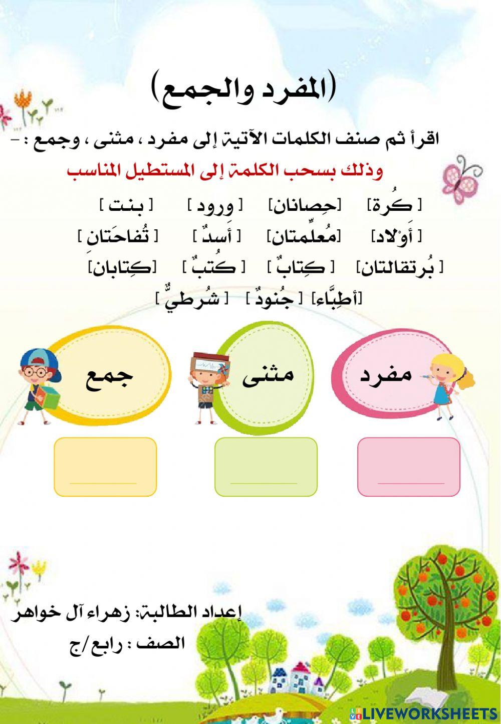 ورقة عمل (المفرد والمثنى والجمع)