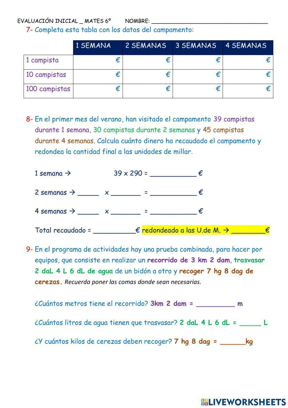 Evaluacion inicial mates 6º primaria