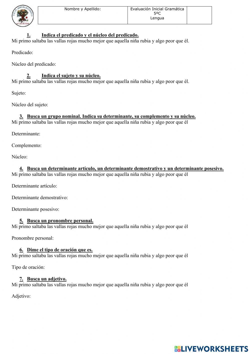 Evaluación Inicial Gramática 5º Primaria