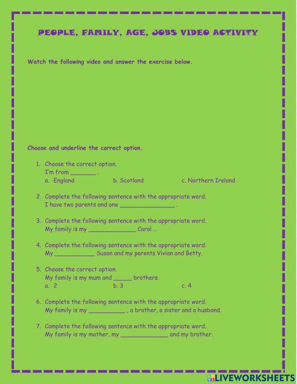 PEOPLE, FAMILY, AGE, JOBS VIDEO ACTIVITY