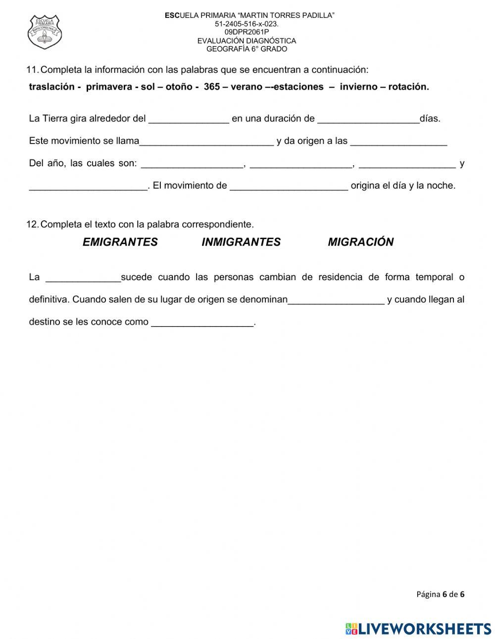 DIAGNOSTICO GEOGRAFÍA 6o