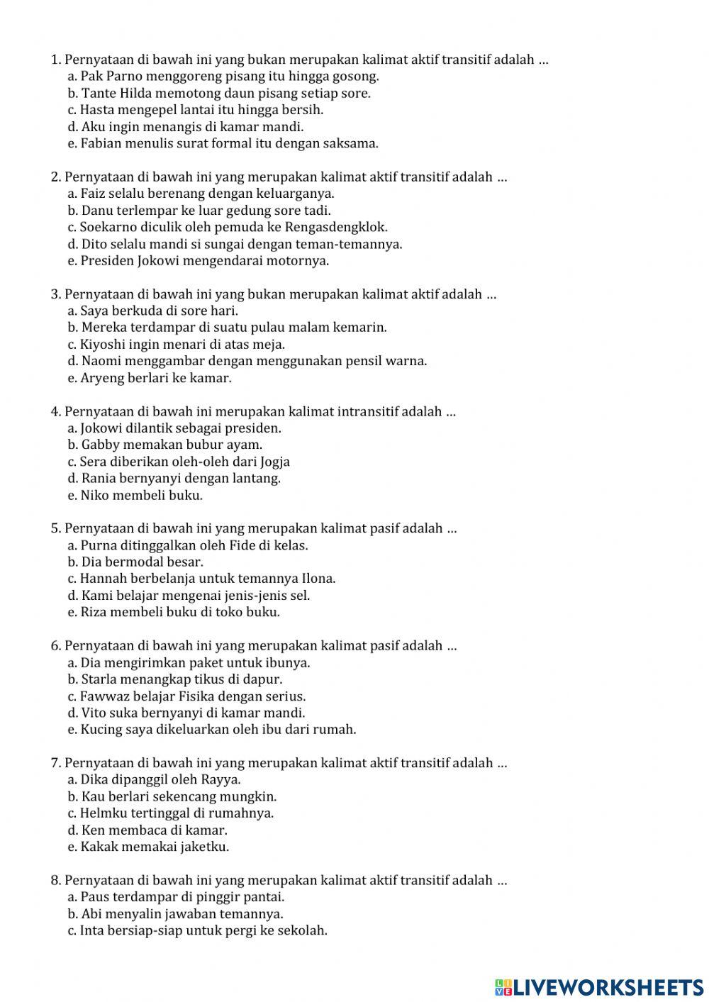 Kalimat aktif transitif, intransitif, dan pasif