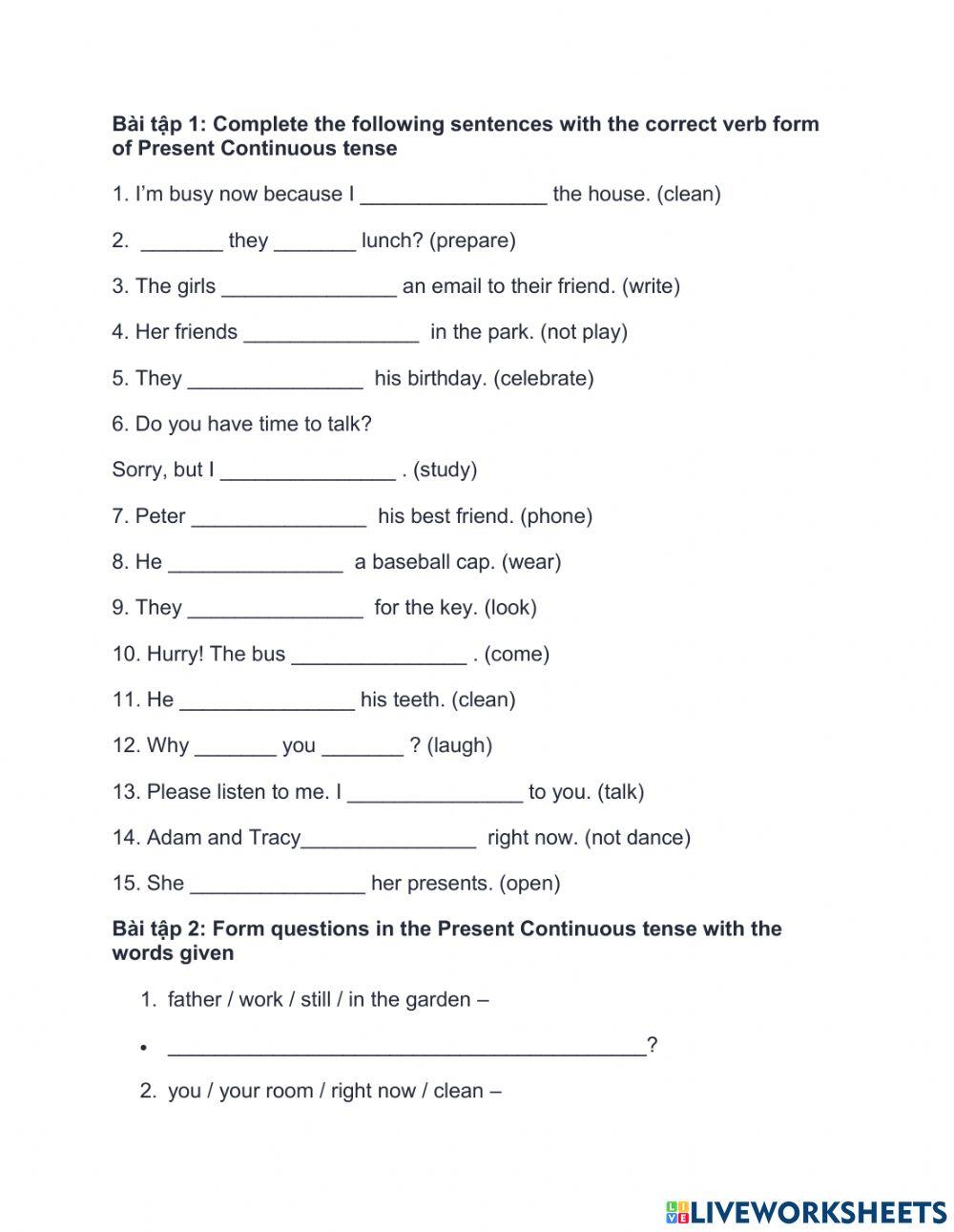 Bài tập thì hiện tại tiếp diễn 2