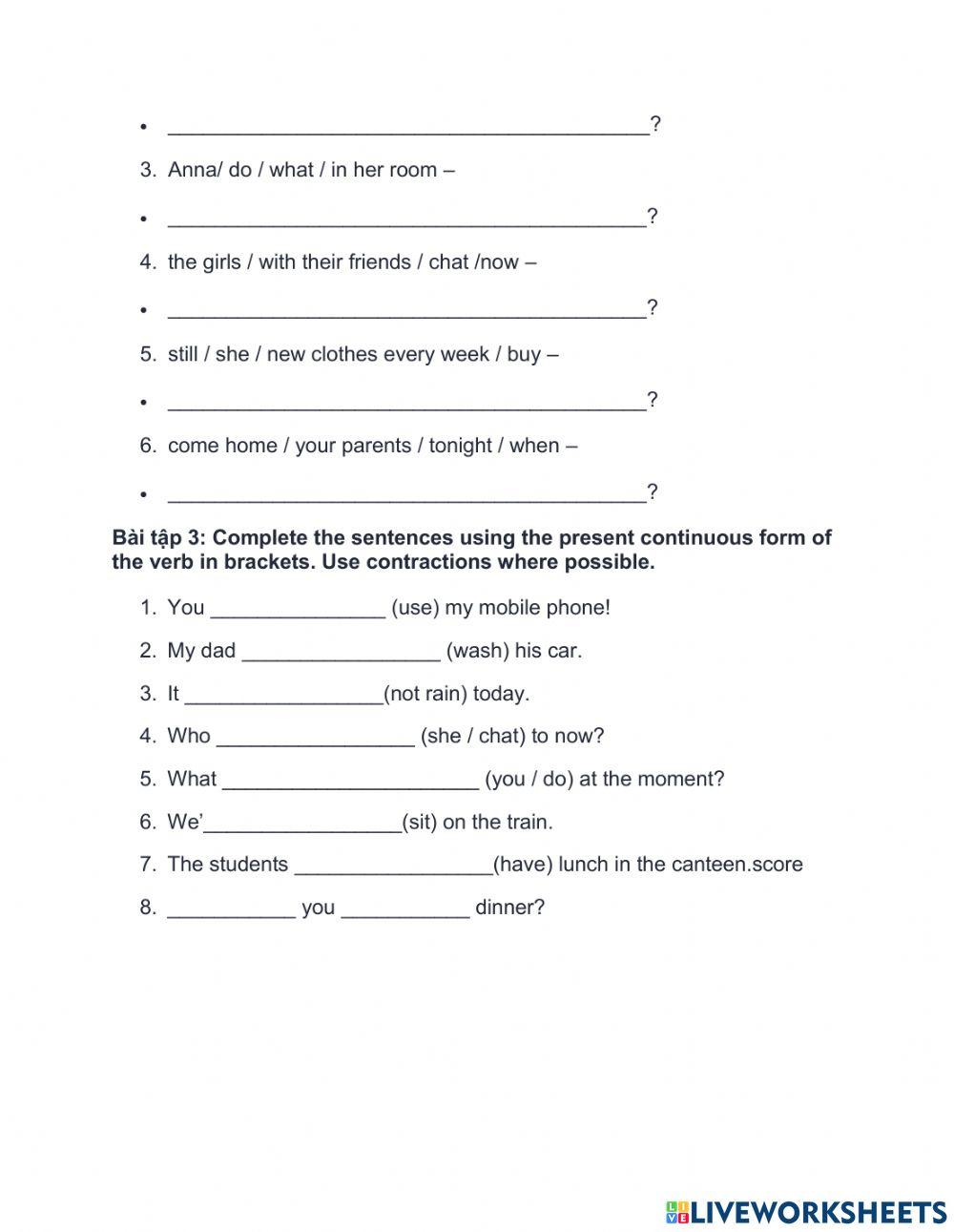 Bài tập thì hiện tại tiếp diễn 2