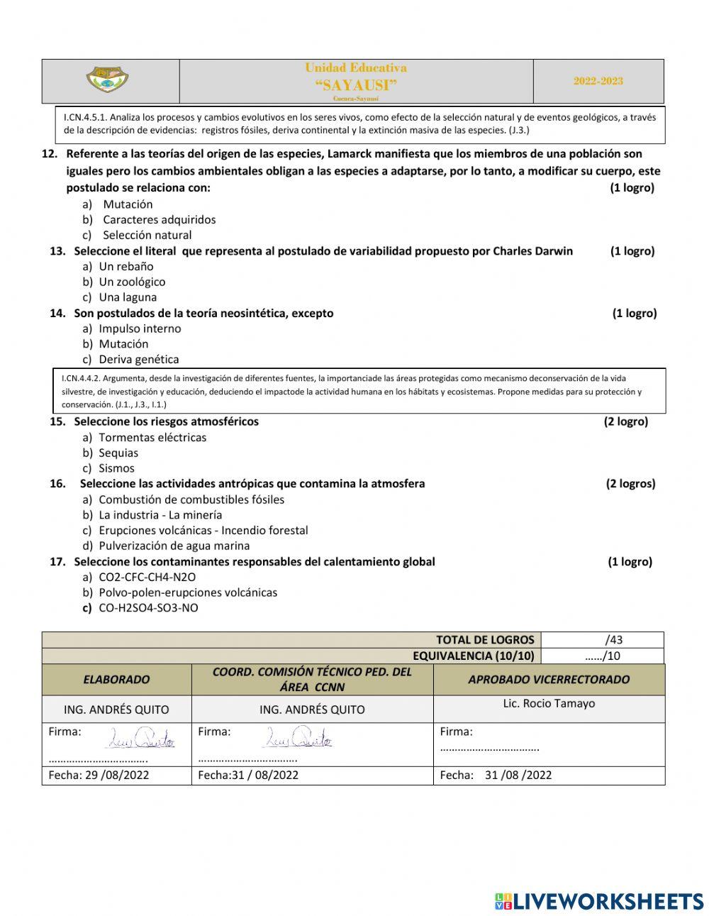 Diagnóstico Ciencias Naturales 10