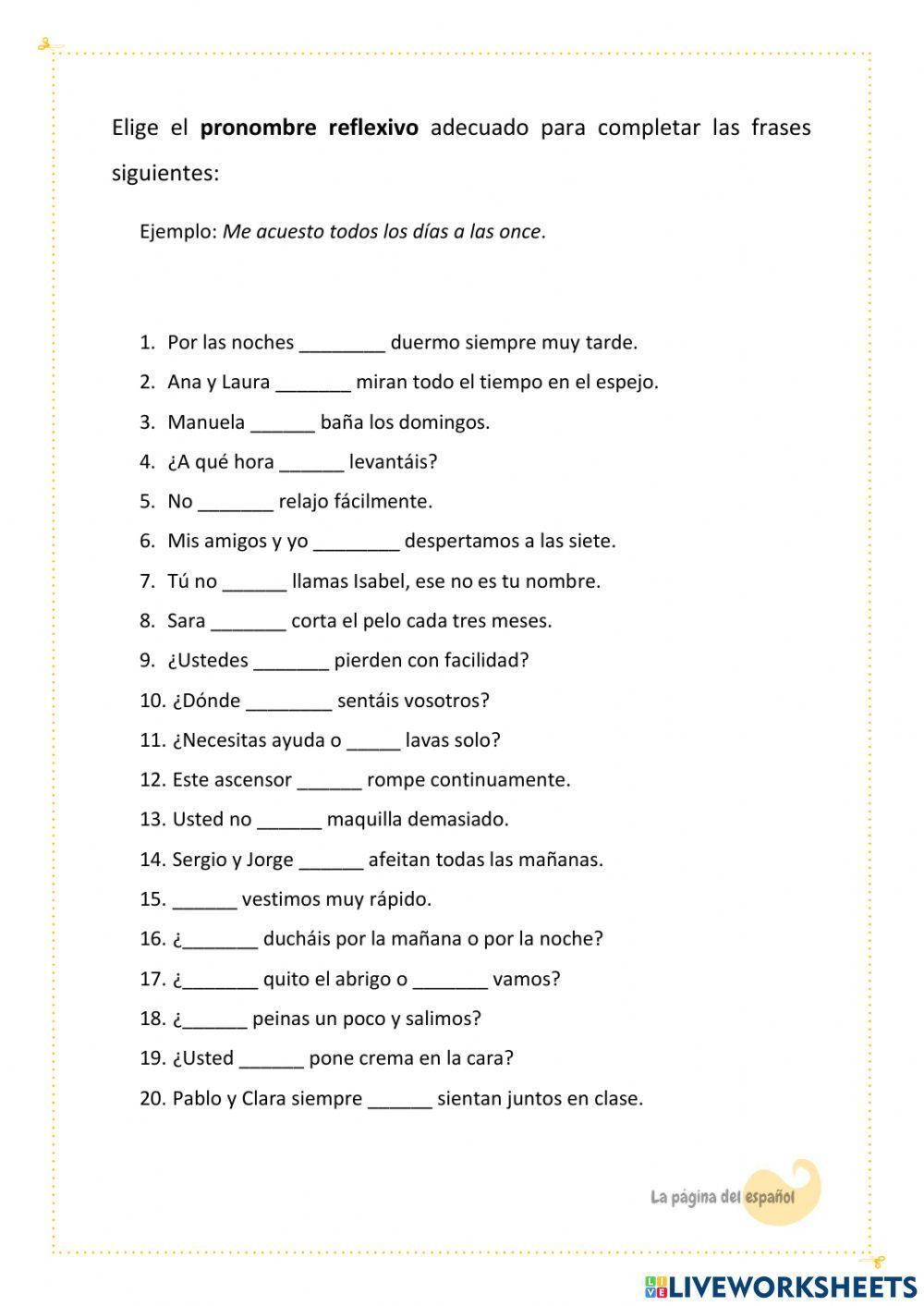 Pronombre Reflexivos por Pagina del Español