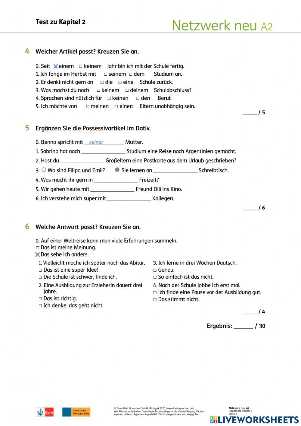 Netzwerk Neu A2 2 Lösungen Netzwerk neu A2 Kapiteltest 02 online exercise for | Live Worksheets