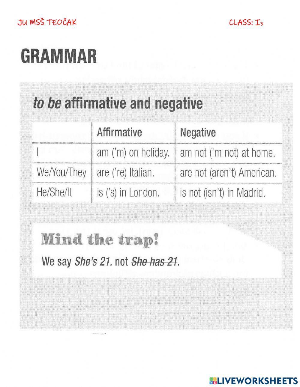 Verb TO BE - affirmative and negative