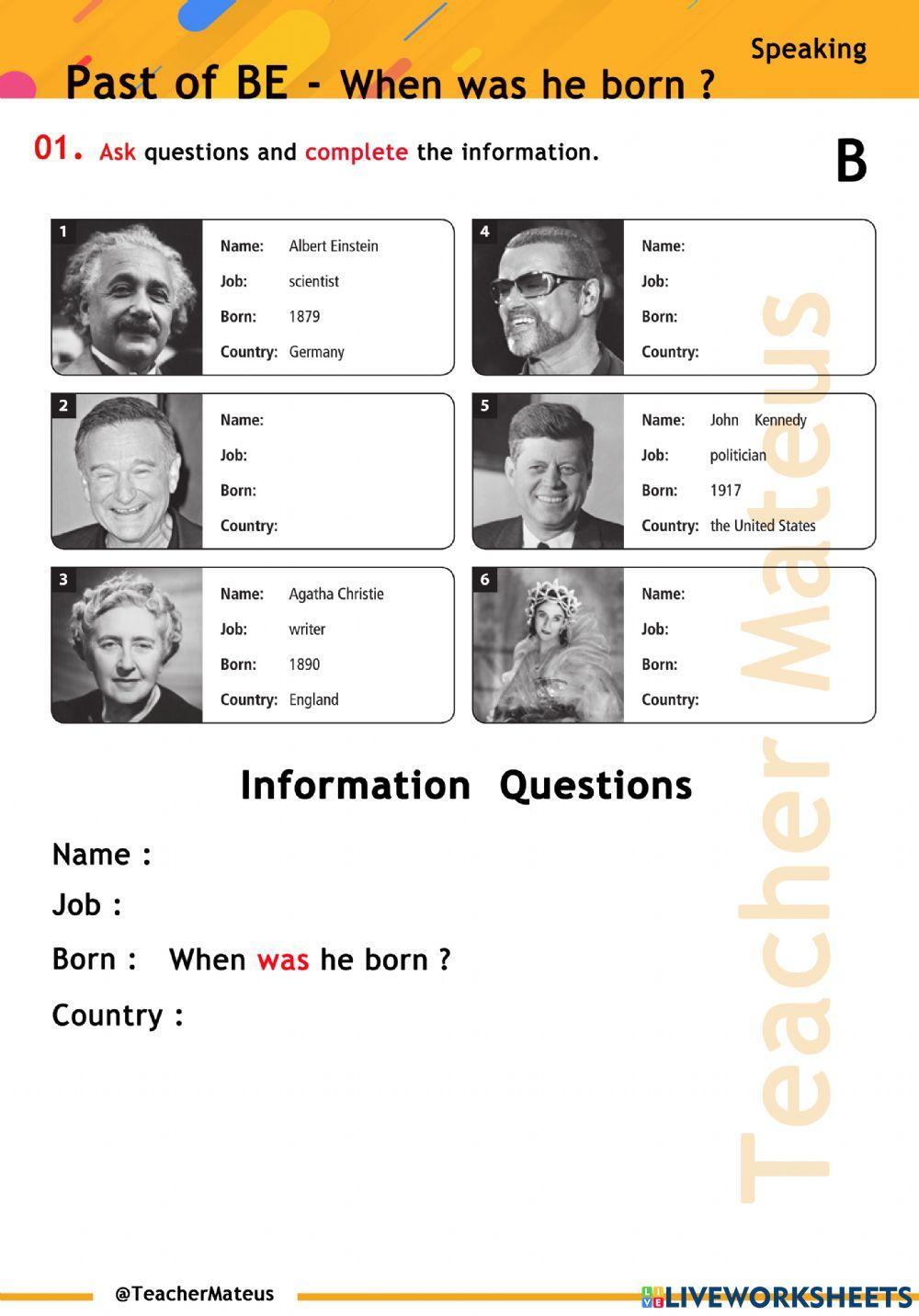 PAST of BE - When was he born ? - Speaking - B