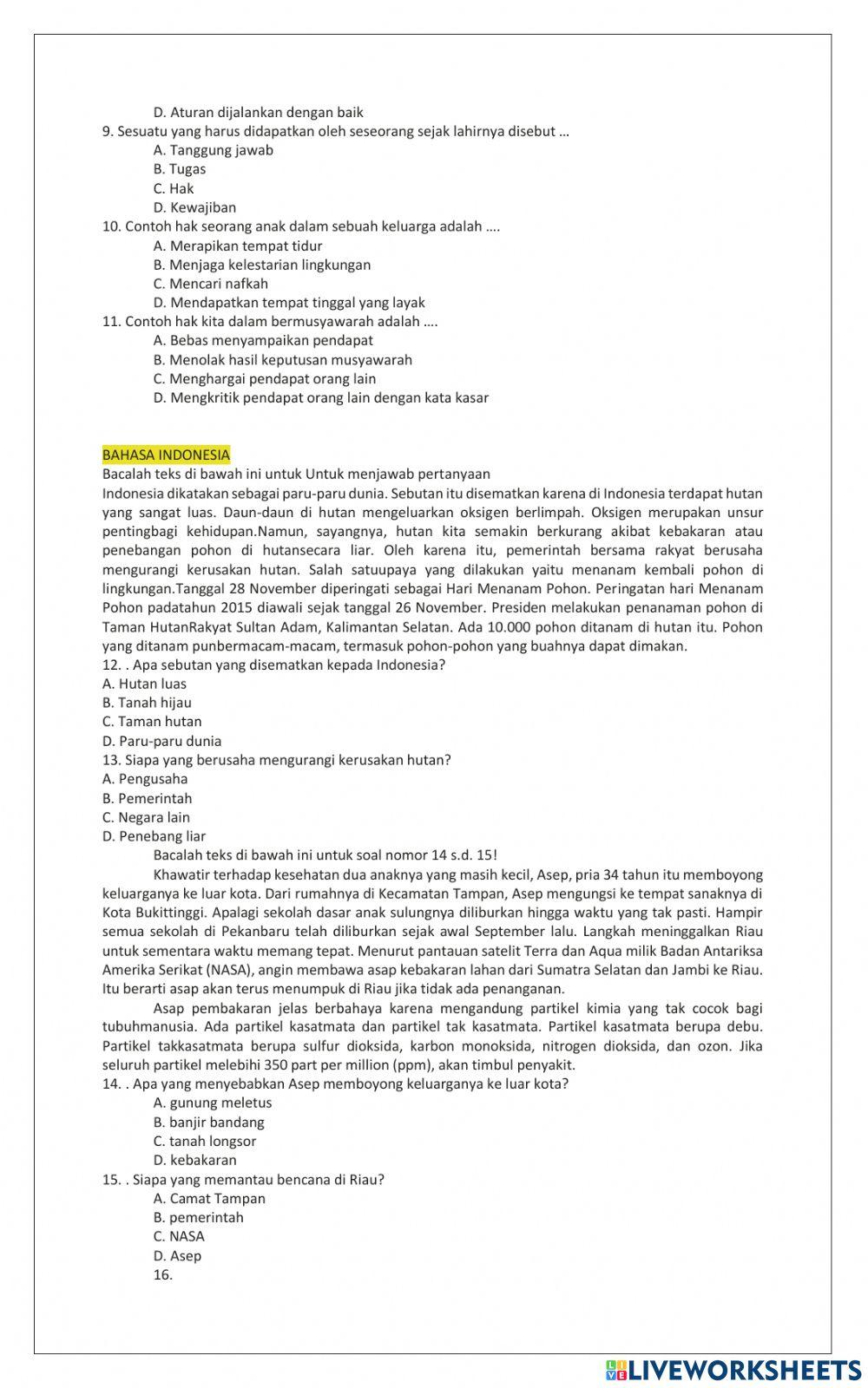 Penilaian tengah semester tema  2 kelas 5 c