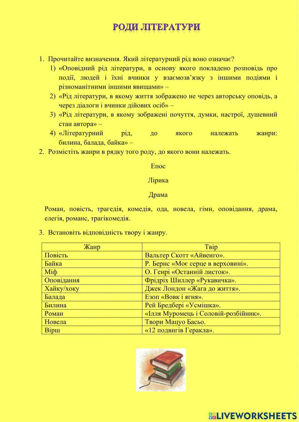 Літературні роди і жанри, 8 клас online exercise for | Live Worksheets