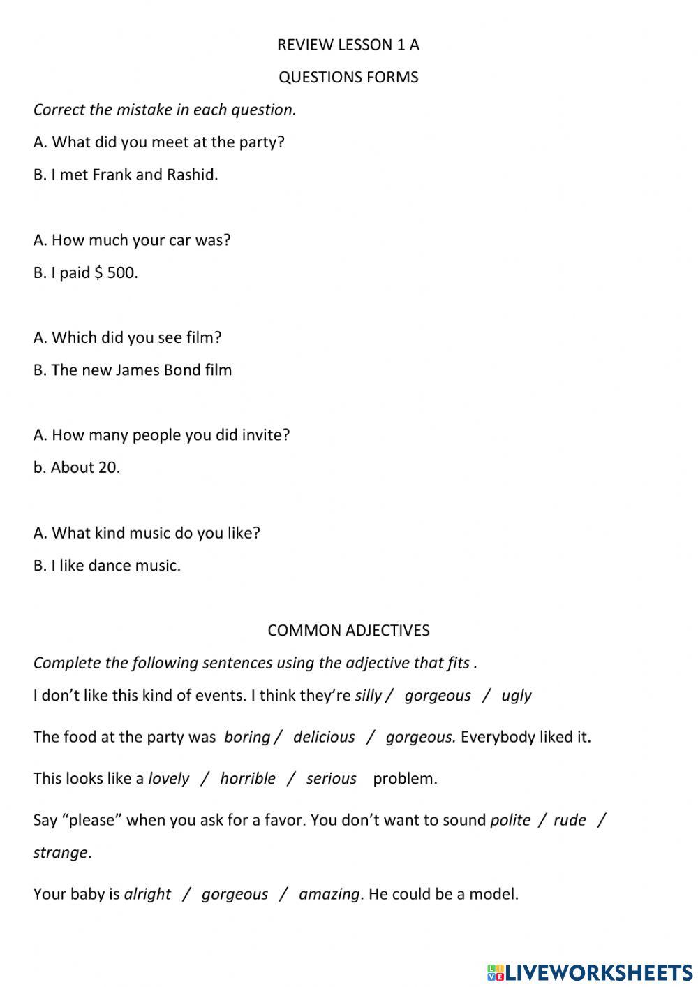 Review Lesson 1 A Empower 5