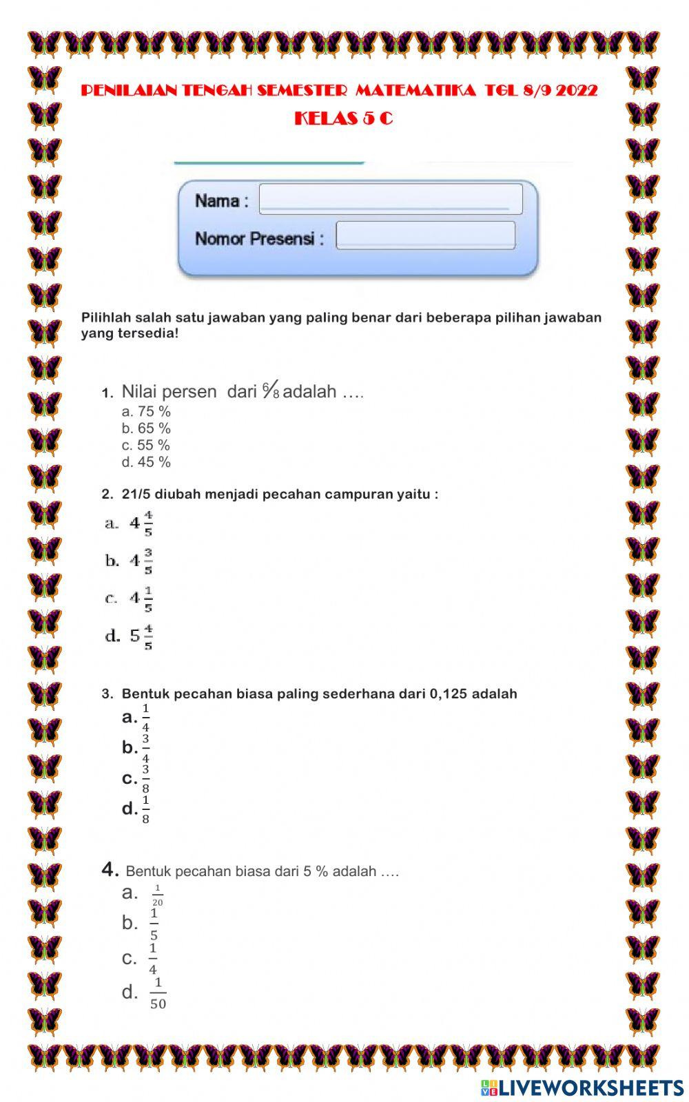 Penilaian tengah semester matematika kelas 5 c