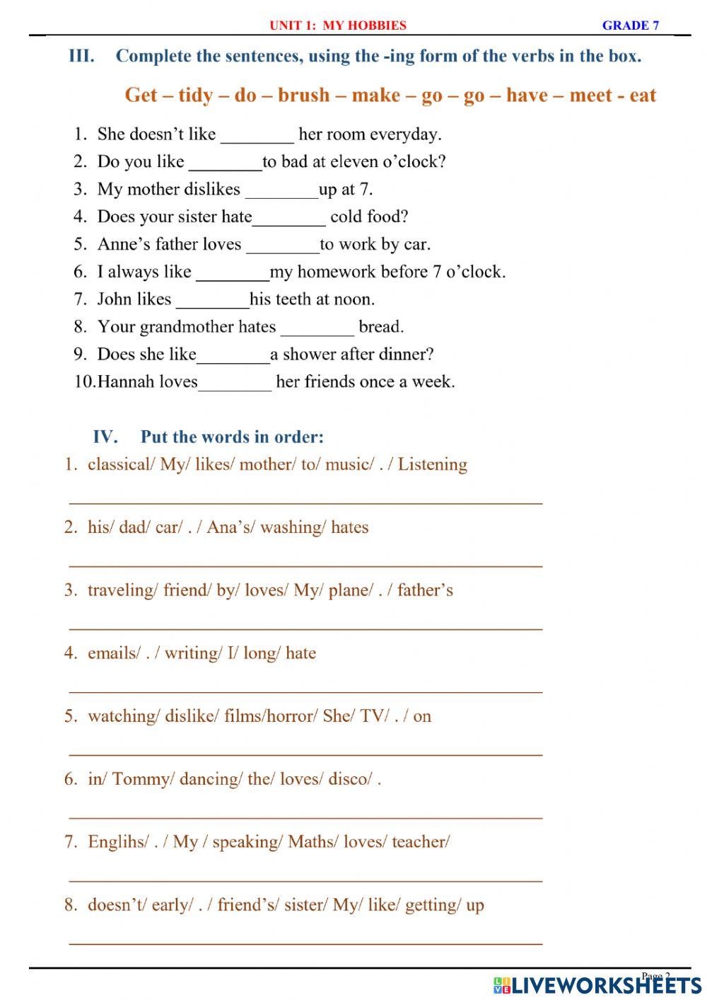English 7.1 - Unit 1 - My hobbies - Verbs of liking & disliking