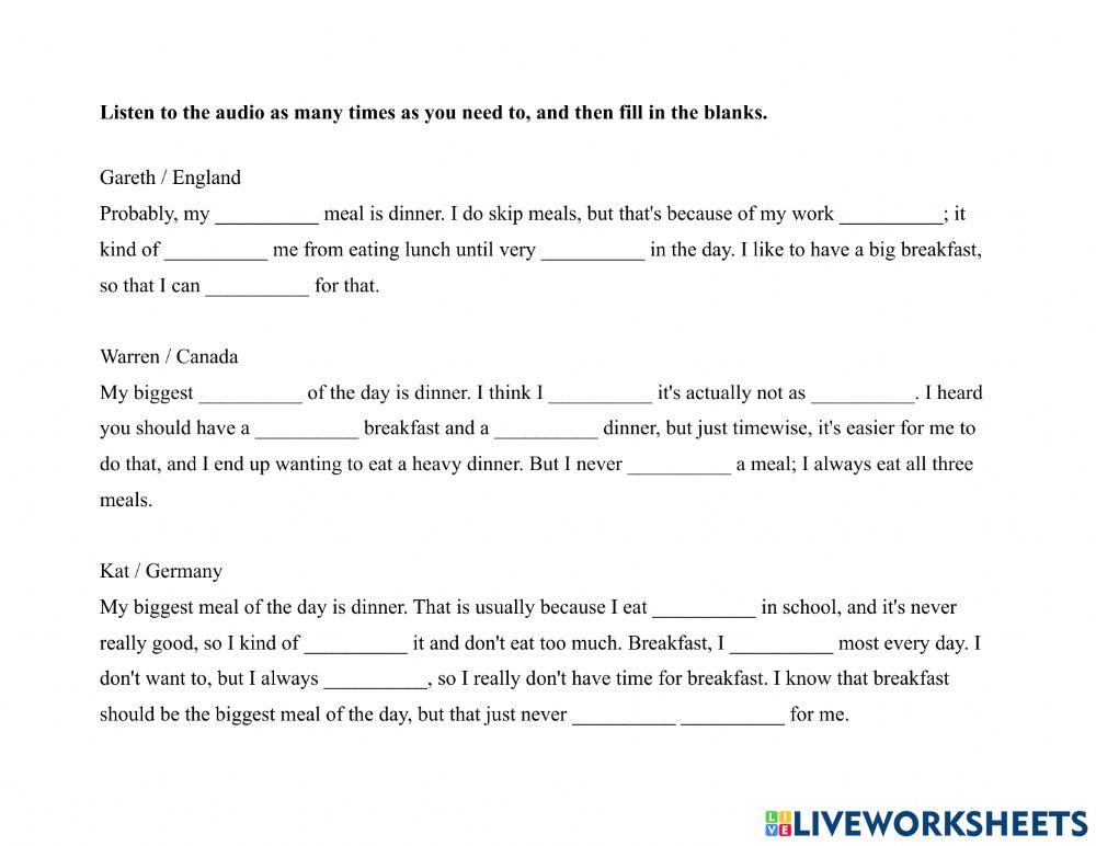 Food 2-6 ppl Biggest Meal Dictation Exercise