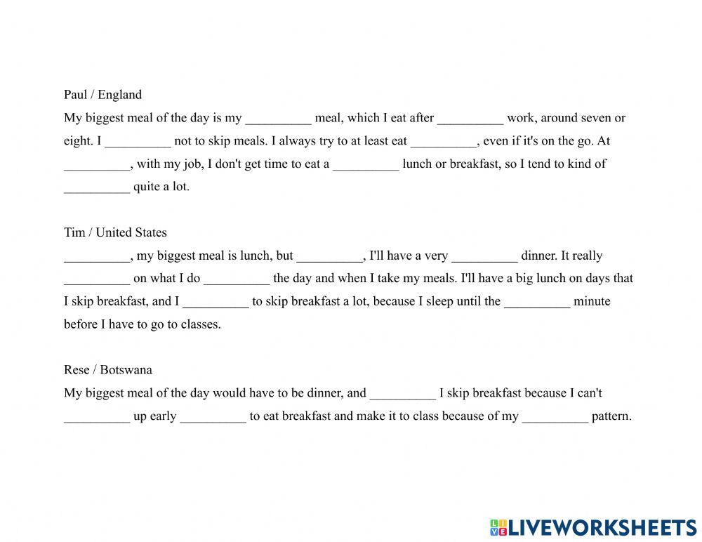 Food 2-6 ppl Biggest Meal Dictation Exercise