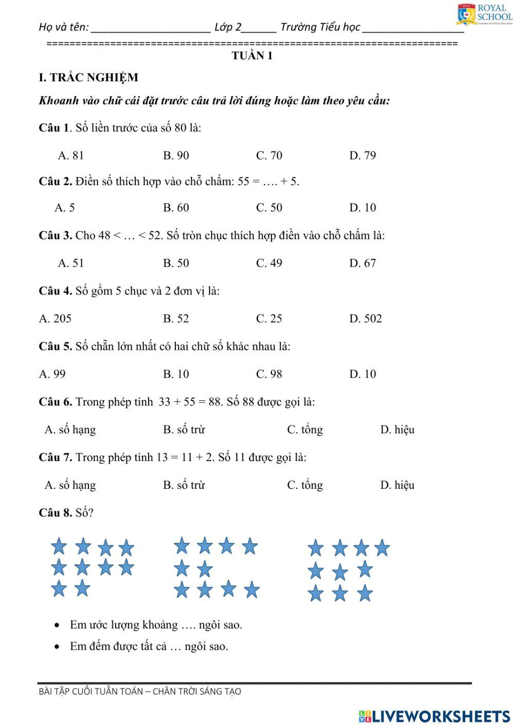 Lớp 2-PBT-Tuần 1-Toán