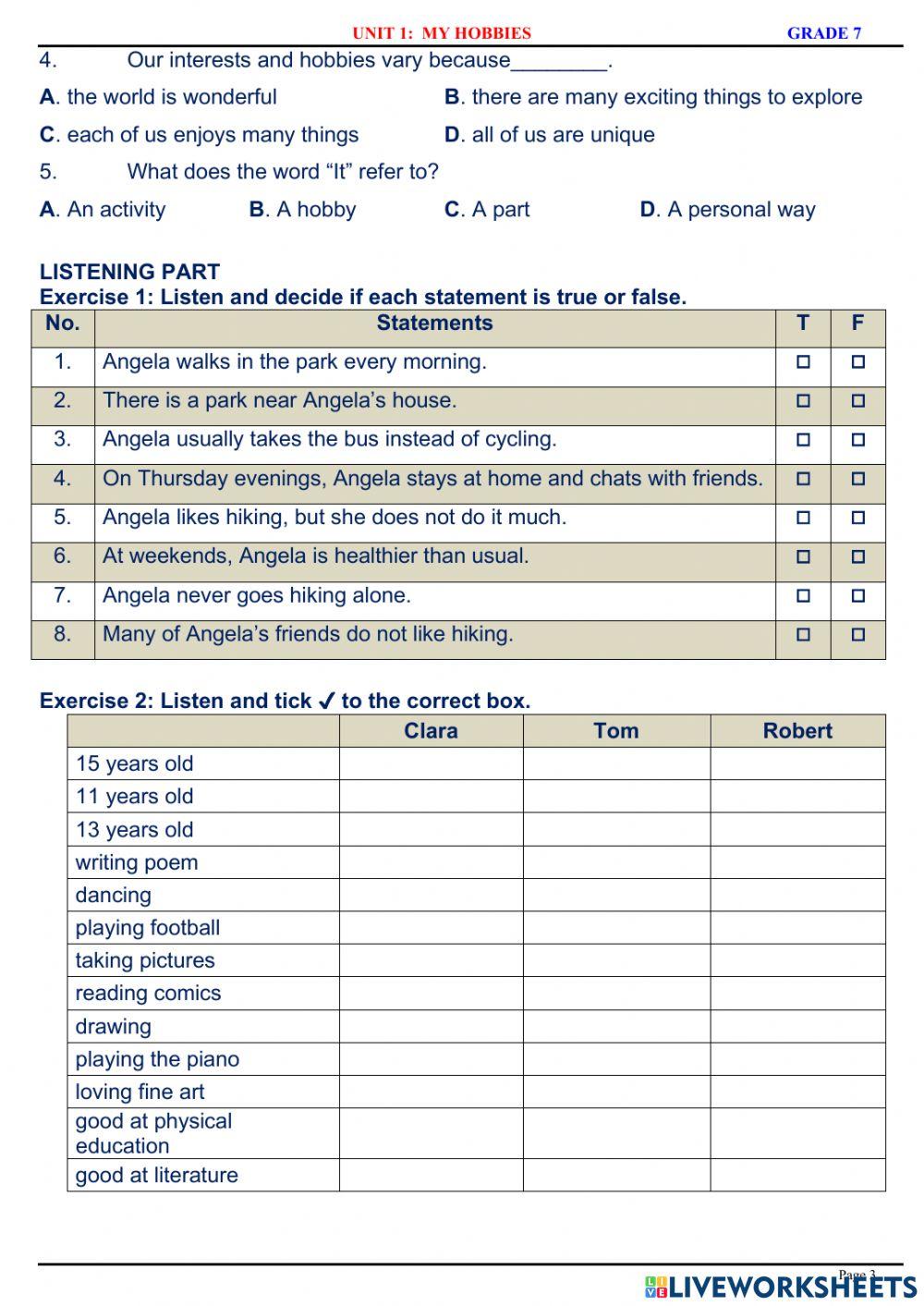 English 7.1 - Unit 1 - Reading & Listening Practice