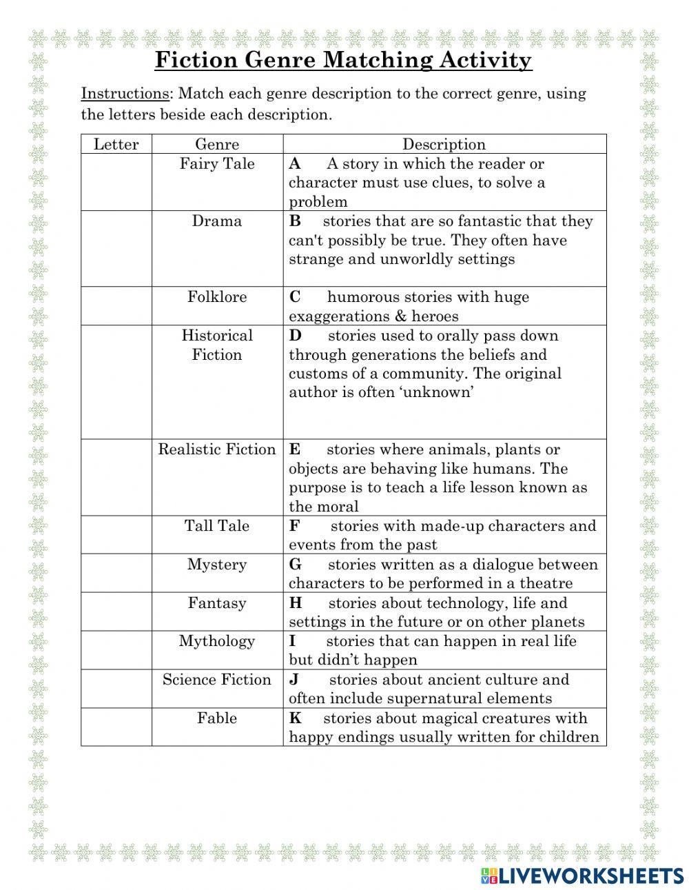 Fiction Genres Matching Activity