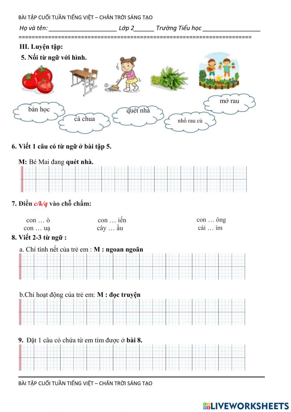 Lớp 2 - pbt tiếng việt - tuần 1