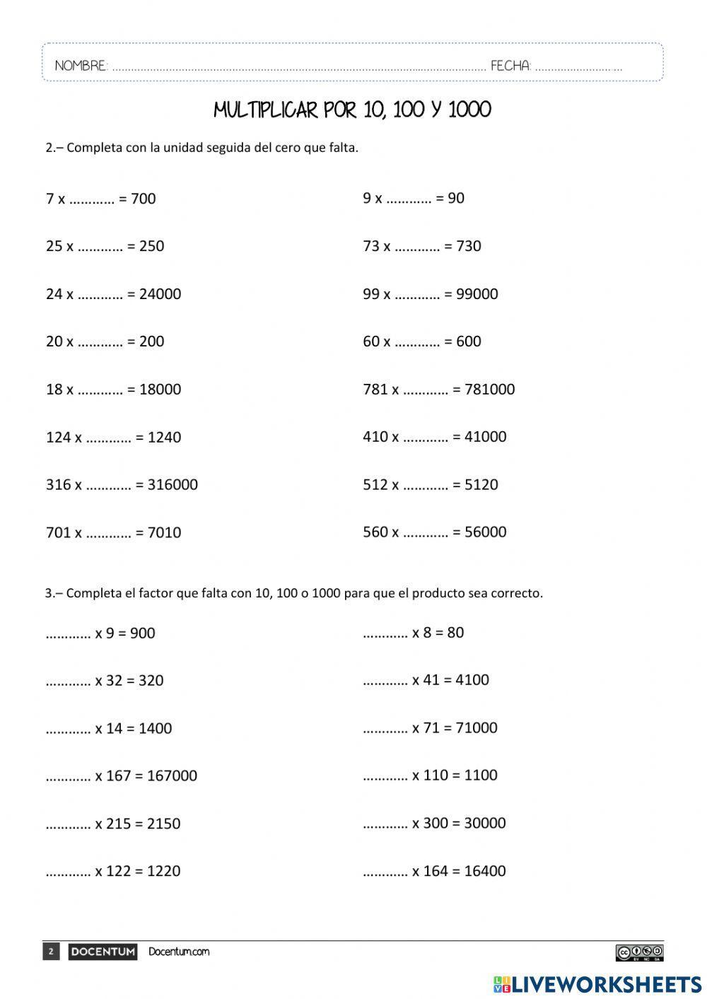 Repaso de multiplicar por 10, 100 y 1000