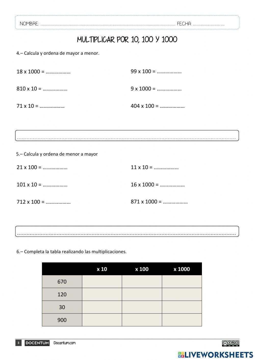 Repaso de multiplicar por 10, 100 y 1000
