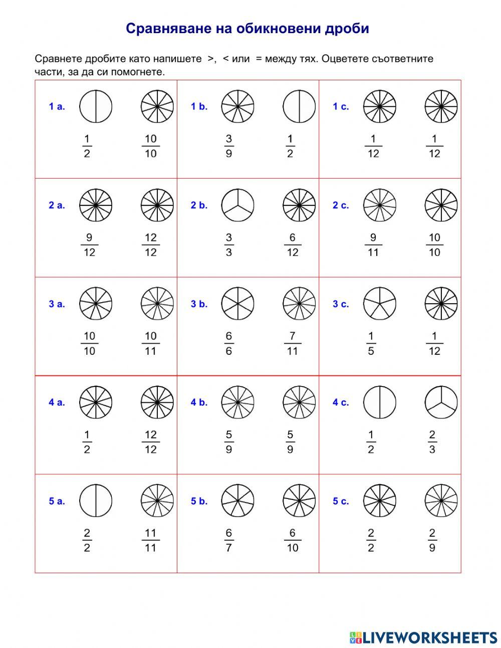 Сравняване на обикновени дроби worksheet | Live Worksheets