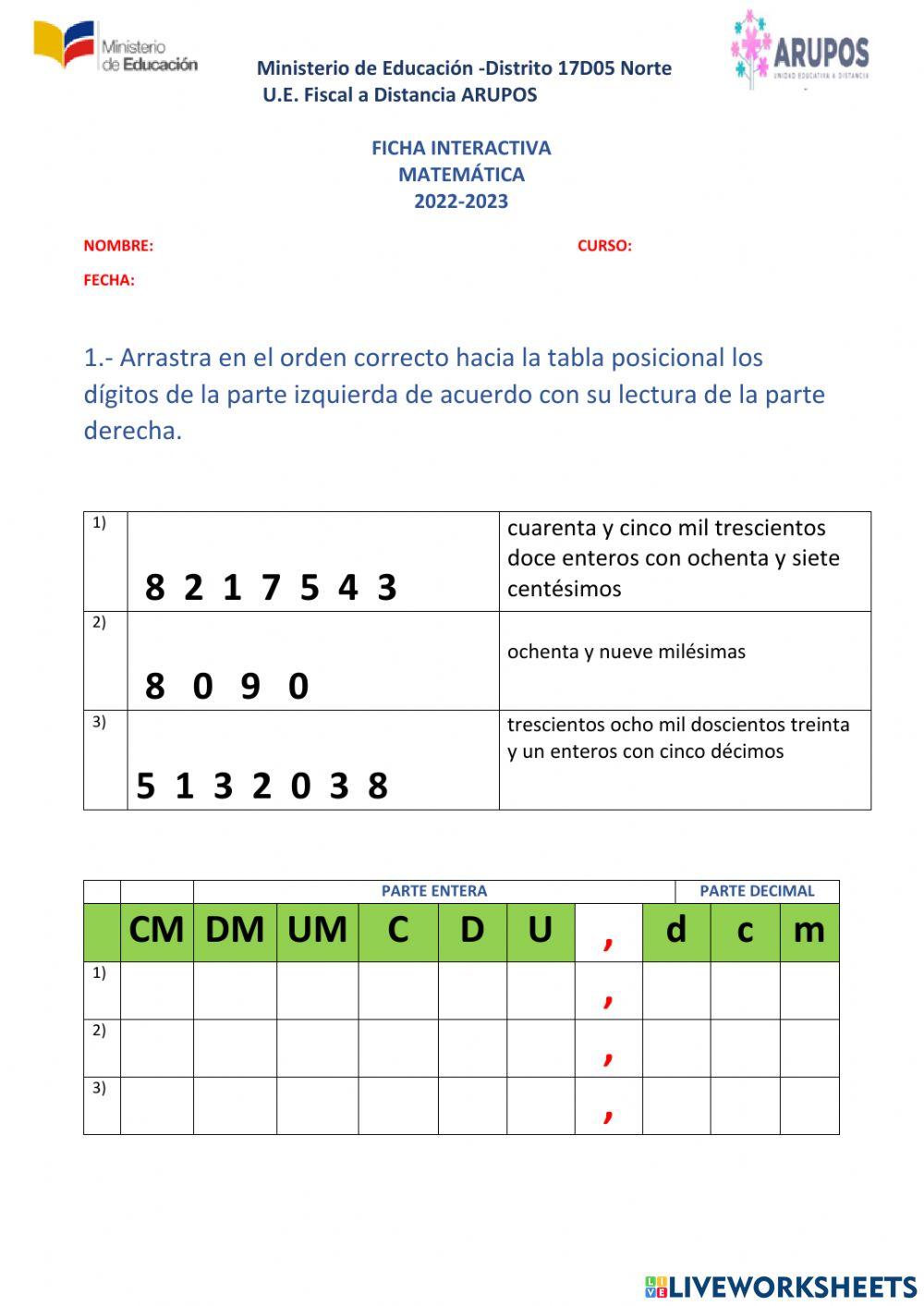 Lectura y escritura de números decimales